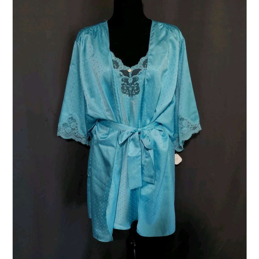Vintage 80s Victoria’s Secret Gold Label Slip Dress Robe Set Lace Blue SM NWT
